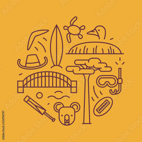 Australia, vector outline illustration, pattern. boomerang, hat, serf, bridge, cricket, koala, tree Baobab, sport, mountain Uluru, ostrich, turtle
