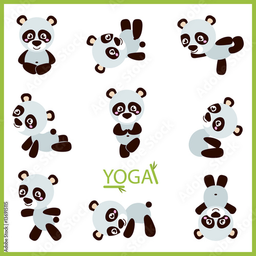 Set of isolated cartoon funny panda icons doing yoga position. Cute panda  yoga. Vector illustration. Stock Vector