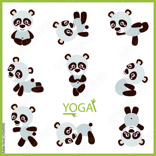 Fototapeta Naklejka Na Ścianę i Meble -  Set of isolated cartoon funny panda icons doing yoga position. Cute panda yoga. Vector illustration.