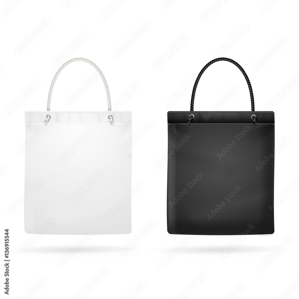 Realistic White and Black Template Blank Fabric Cloth Tote Bag. Vector Realistic White and Black Template Blank Fabric Cloth Tote Bag. Vector