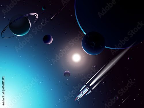 spaceship and solar system and comet in universe