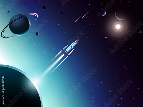 spaceship launching from planet to new world in universe across shooting star and solar system