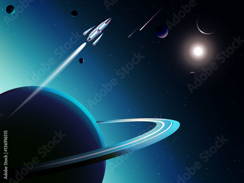 spaceship launching from planet to new world in universe across solar system