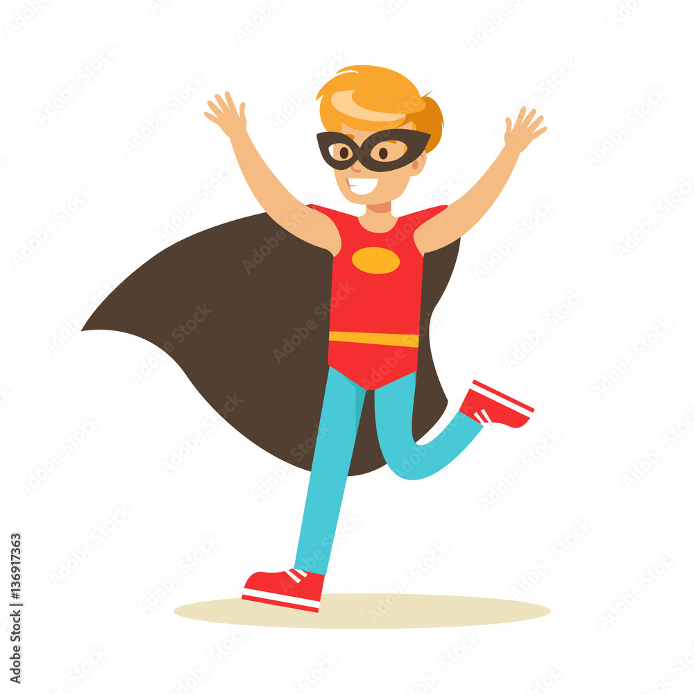 Boy Pretending To Have Super Powers Dressed In Red Superhero Costume With Black Cape And Mask Smiling Character Boy Pretending To Have Super Powers Dressed In Red Superhero Costume With Black Cape And Mask Smiling Character