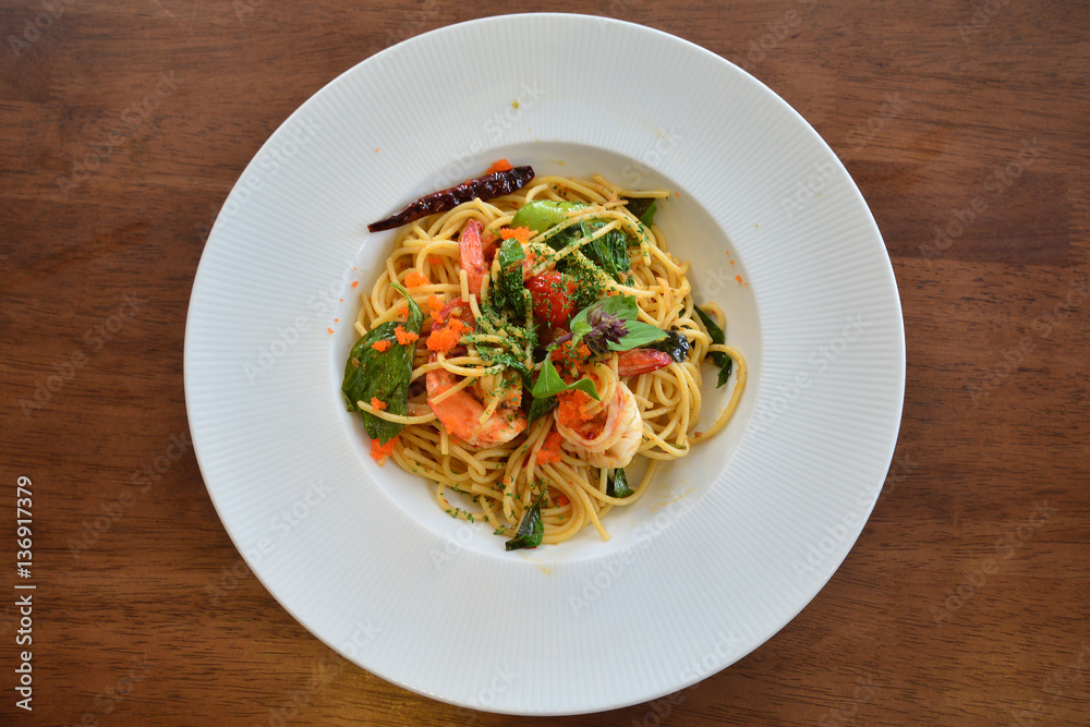 Shrimp spaghetti with dried chilly and shrimp. Shrimp spaghetti with dried chilly and shrimp.