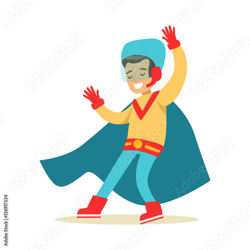 Boy Pretending To Have Super Powers Dressed In Handmade Superhero Costume With Blue Cape Smiling Character