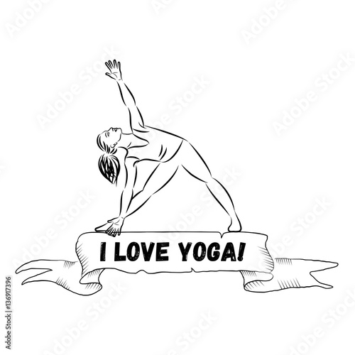 Ribbon banner with quote "I love yogar". Woman line silhouette in yoga pose vector illustration.