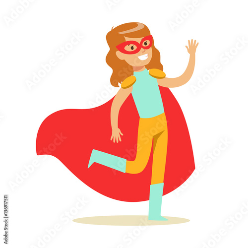 Girl Pretending To Have Super Powers Dressed In Blue And Yellow Superhero Costume With Red Cape And Mask Smiling Character