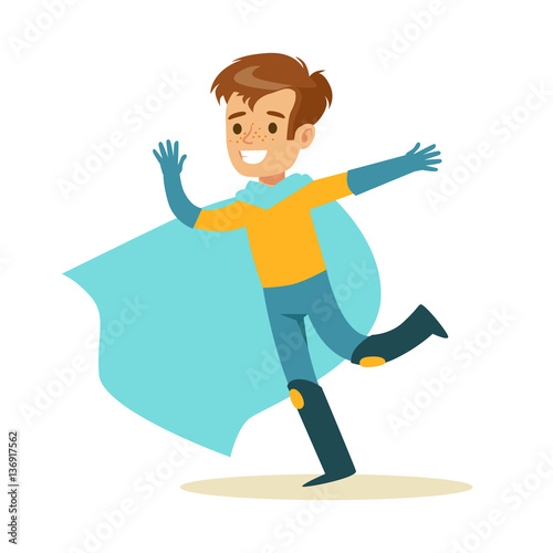 Boy Pretending To Have Super Powers Dressed In Superhero Costume With Blue Cape Running Smiling Character