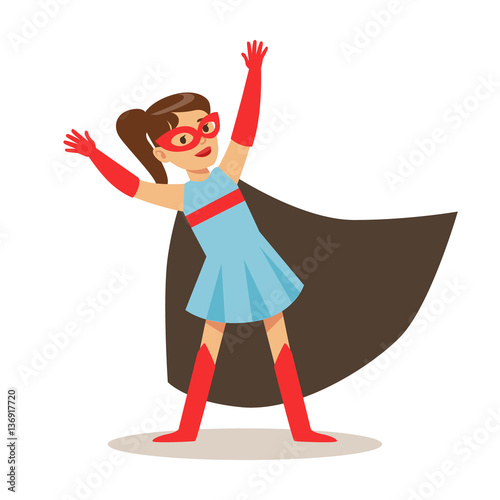 Girl In Blue Dress Pretending To Have Super Powers Dressed In Superhero Costume With Black Cape And Mask Smiling Character
