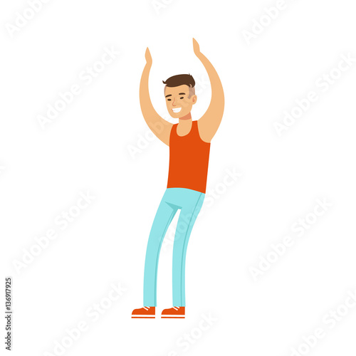 Asian Guy In Top And Jeans Dancing On Dancefloor, Part Of People At The Night Club Series Of Vector Illustrations