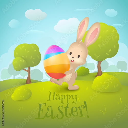 Vector greeting card with text “Happy Easter!”. Cartoon spring landscape with cute rabbit and colored egg in field. Holiday background with trees, grass, bushes, clouds for design posters and banners.