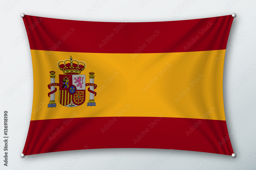 Spain national flag. Symbol of the country on a stretched fabric with waves attached with pins. Realistic vector illustration. Spain national flag. Symbol of the country on a stretched fabric with waves attached with pins. Realistic vector illustration.