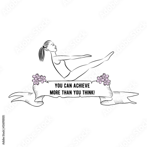 Ribbon banner with quote "You can achieve more than you think!". Woman line silhouette in yoga pose vector illustration.