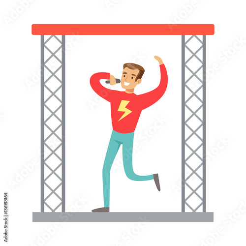 Entertainment Guy In Sweater With Microphone On Stage, Part Of People At The Night Club Series Of Vector Illustrations