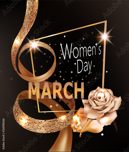 8 March Women's Day  banner with gold textured eight shaped ribbon, roses and frame. Vector illustration