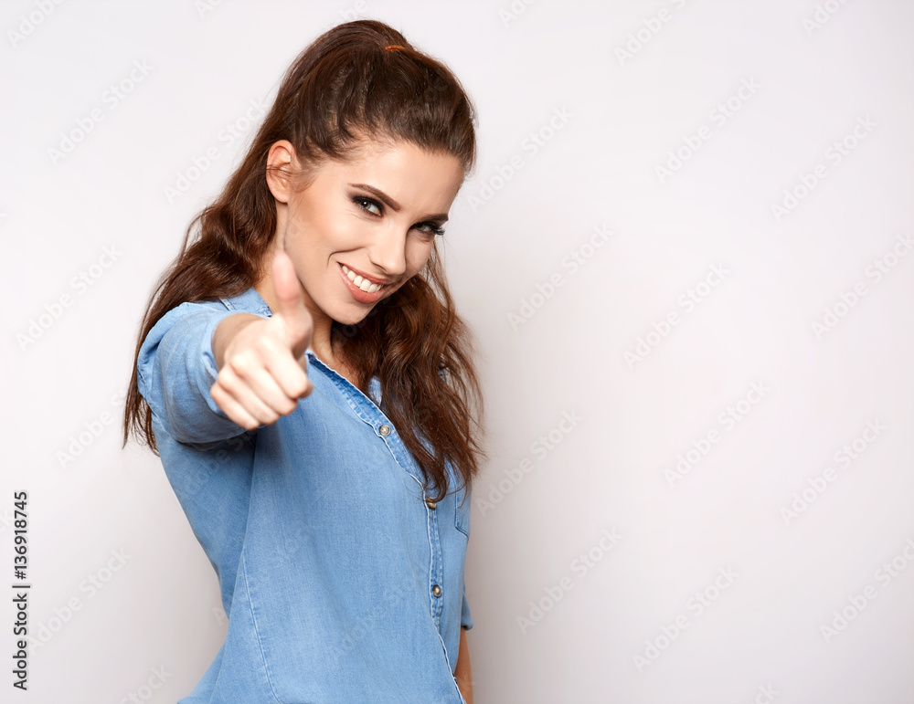 cheerful girl in denim styling on solid background cheerful girl in denim styling on solid background