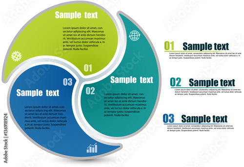 Circle infographic template with 3 steps. Parts of the chart  with icons and numbers. Titles and inscriptions steps separate in right side. For presentation and design concept. Vector illustration.	