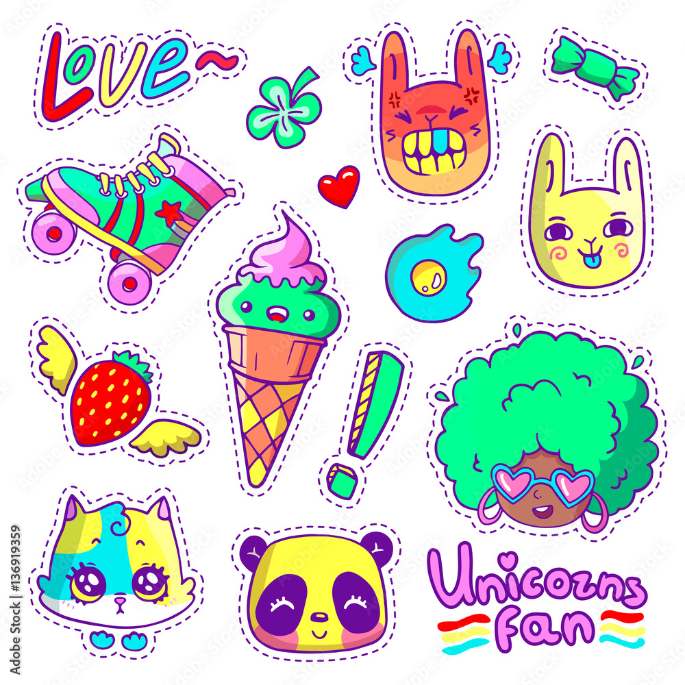 Neon vector patch badges with animals, characters and things. Hand-drawn stickers, pins in cartoon 80s-90s comics style. Set with african woman, angry bunny, adorable kitten, etc.