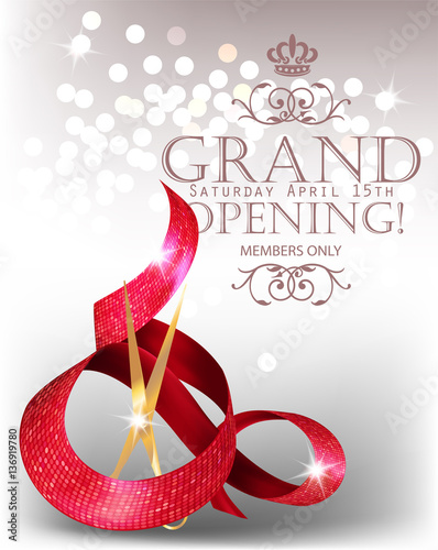 Elegant grand opening card with textured curled red ribbon and scissors. Vector illustration