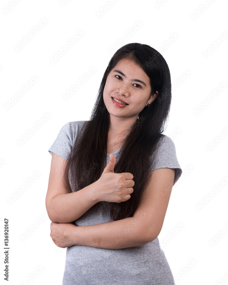 Smiling business woman thumb up show isolated on white backgroun Smiling business woman thumb up show isolated on white backgroun