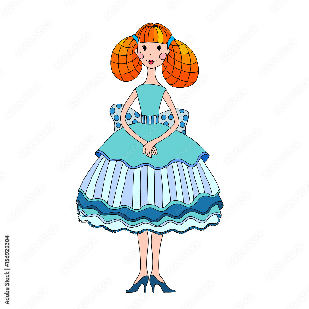 Fototapeta premium Vector cartoon girl standing in blue dress lush