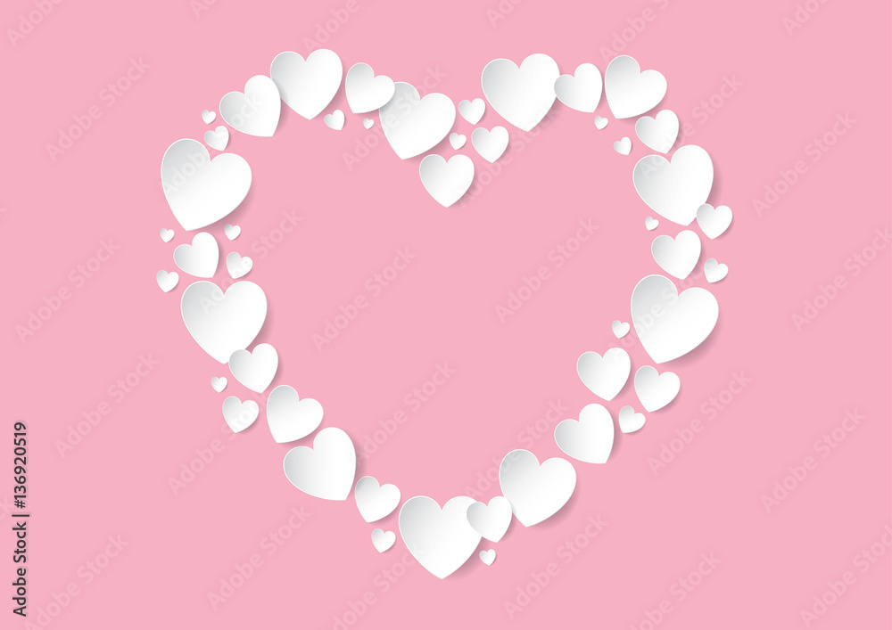 Heart with copy space flat lay with white vector paper hearts on pink background