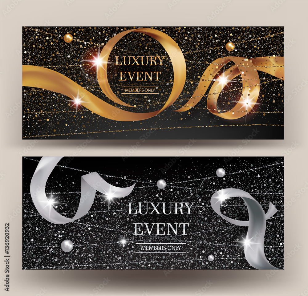 VIP Invitation gold and silver banners with sparkling strings, beads ...