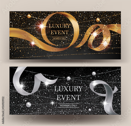 VIP Invitation gold and silver banners with sparkling strings, beads and curly ribbons. Vector illustration