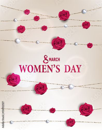 Women's Day greeting card with textured sparkling colorful gold strings and pink rose flowers. Vector illustration