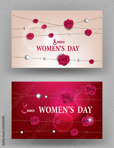 Women's Day greeting cards with textured sparkling colorful gold strings and pink rose flowers. Vector illustration