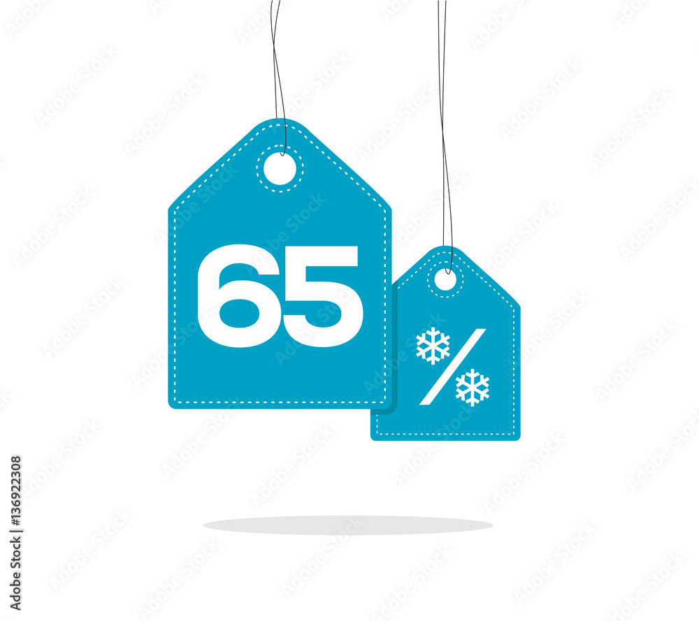 Blue hanging price tag labels with 65% and snowflake percent design texts on them and with shadow isolated on white background. For winter sale campaigns.