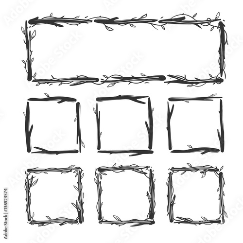 Set of floral frames with sticks and branches isolated on white. Vector floral square frames.