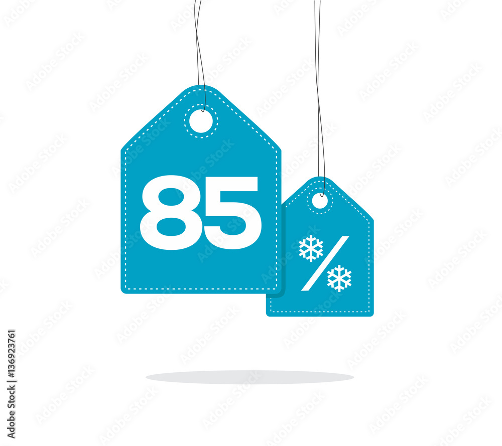 Blue hanging price tag labels with 85% and snowflake percent design texts on them and with shadow isolated on white background. For winter sale campaigns.