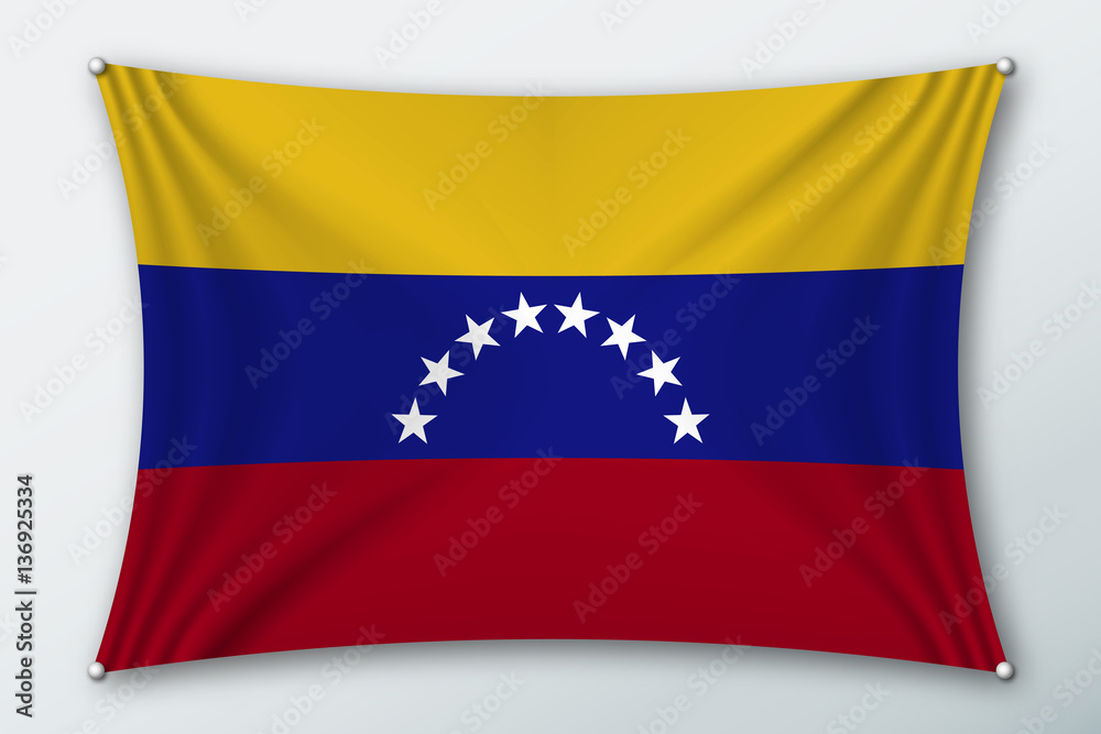 Venezuela national flag. Symbol of the country on a stretched fabric with waves attached with pins. Realistic vector illustration. Venezuela national flag. Symbol of the country on a stretched fabric with waves attached with pins. Realistic vector illustration.
