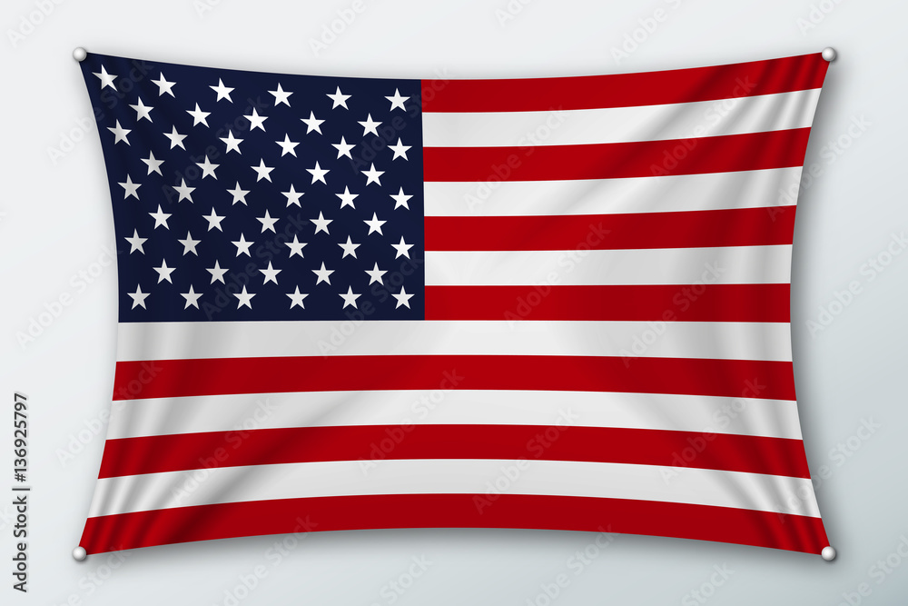 Fototapeta premium USA national flag. Symbol of the country on a stretched fabric with waves attached with pins. Realistic vector illustration.