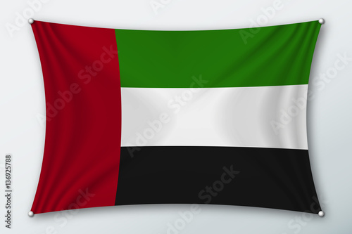 United arab Emirates national flag. Symbol of the country on a stretched fabric with waves attached with pins. Realistic vector illustration.