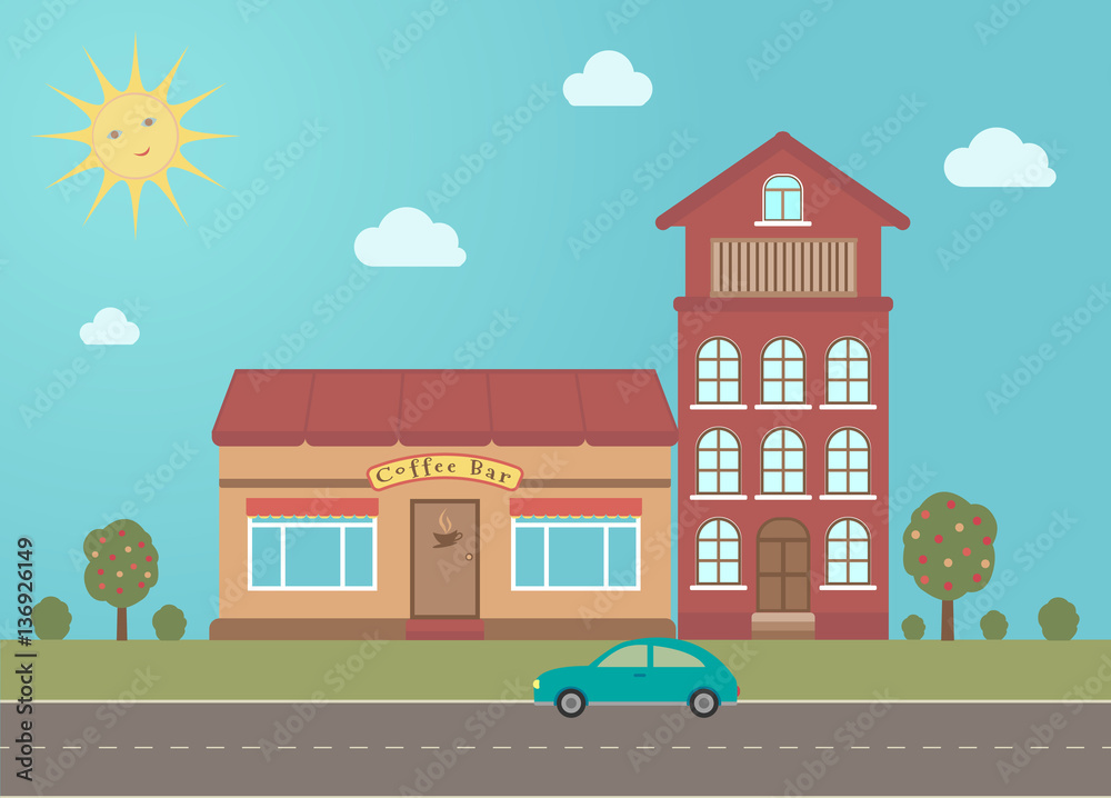 Coffee bar building in town on summer background. Vector illustration. Coffee bar building in town on summer background. Vector illustration.