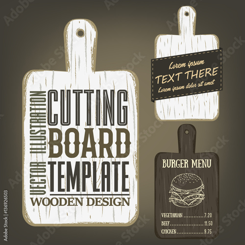 Wood rectangular cutting board template with handle and usage examples. Vector illustration with textured plank used as mockup for label, logo, card, poster, advertising bar or pizzeria menu.
