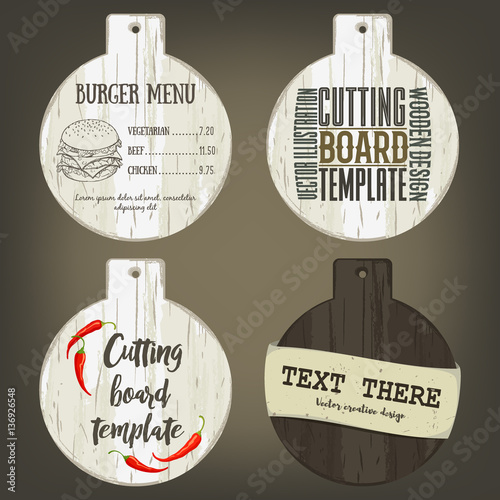 Hand drawn round cutting board mockup with handle and usage examples. Vector illustration with old textured plank used as template for label, logo, card, poster, advertising bar or pizzeria menu.