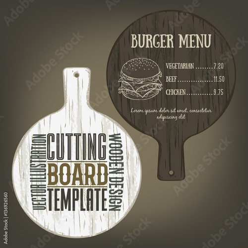 Hand drawn cutting board mockup with handle and usage examples. Vector illustration with textured round plank used as mockup for label, logo, card, poster, advertising bar or pizzeria menu.