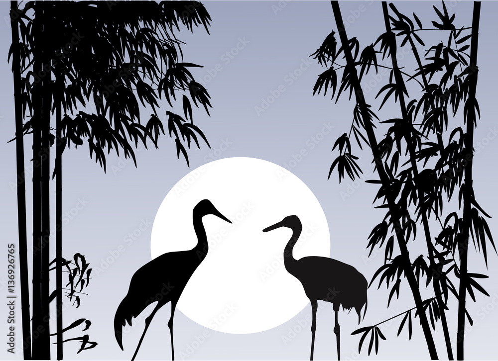 Fototapeta premium black bamboo and two storks illustration