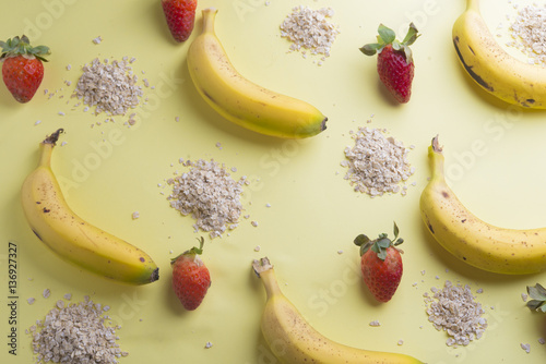 Bowl oats ingredients (oat, banana, strawberry and vegetal milk) photo