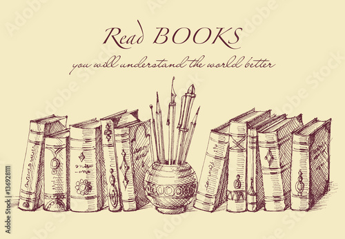 Books and writing tools in vintage style