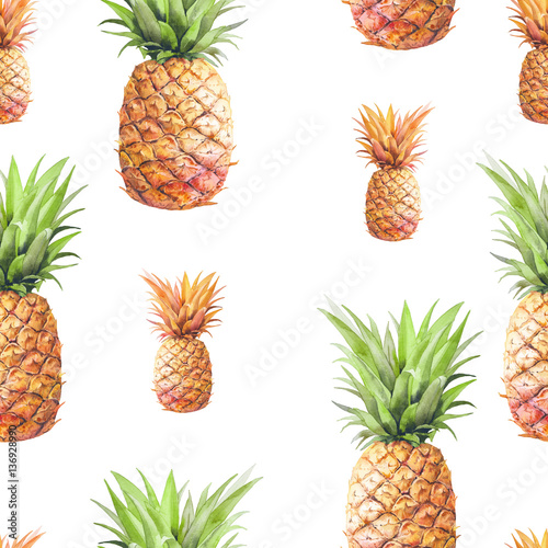 Watercolor pineapples seamless pattern. Hand drawn repeating texture with realistic pineapple on white background. Fashion summer wallpaper design