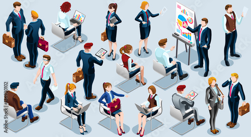 Isolated Group of Diverse Isometric Business People. 3D meeting infograph crowd with standing walking casual people icon set. Conference handshake hand shake lot collection vector illustration