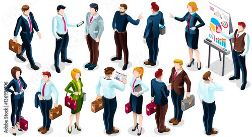 Isolated Group of Diverse Isometric Business People. 3D meeting infograph crowd with standing walking casual people icon set. Conference handshake hand shake lot collection vector illustration