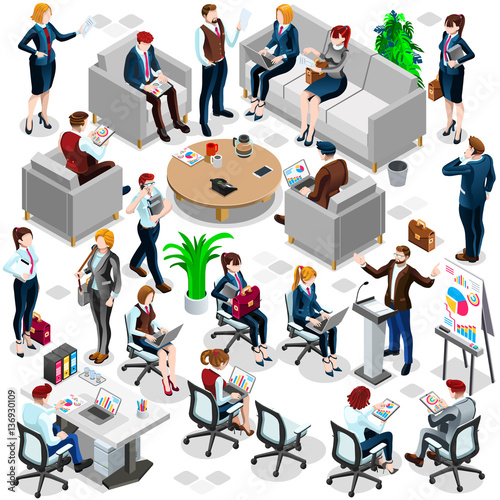 Isolated Group of Diverse Isometric Business People. 3D meeting infograph crowd with standing walking casual people icon set. Conference handshake hand shake lot collection vector illustration