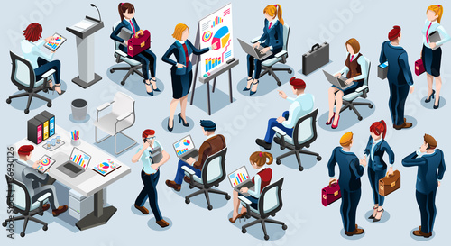 Isolated Group of Diverse Isometric Business People. 3D meeting infograph crowd with standing walking casual people icon set. Conference handshake hand shake lot collection vector illustration