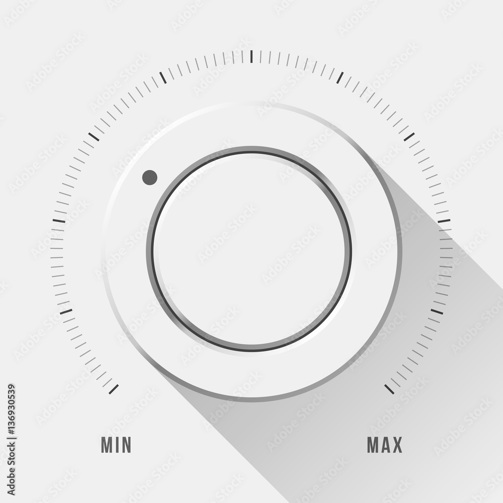 White technology music button, volume knob with flat designed shadow and range scale for design concepts, badges, web, prints, user interfaces, UI, applications, apps. Vector illustration.